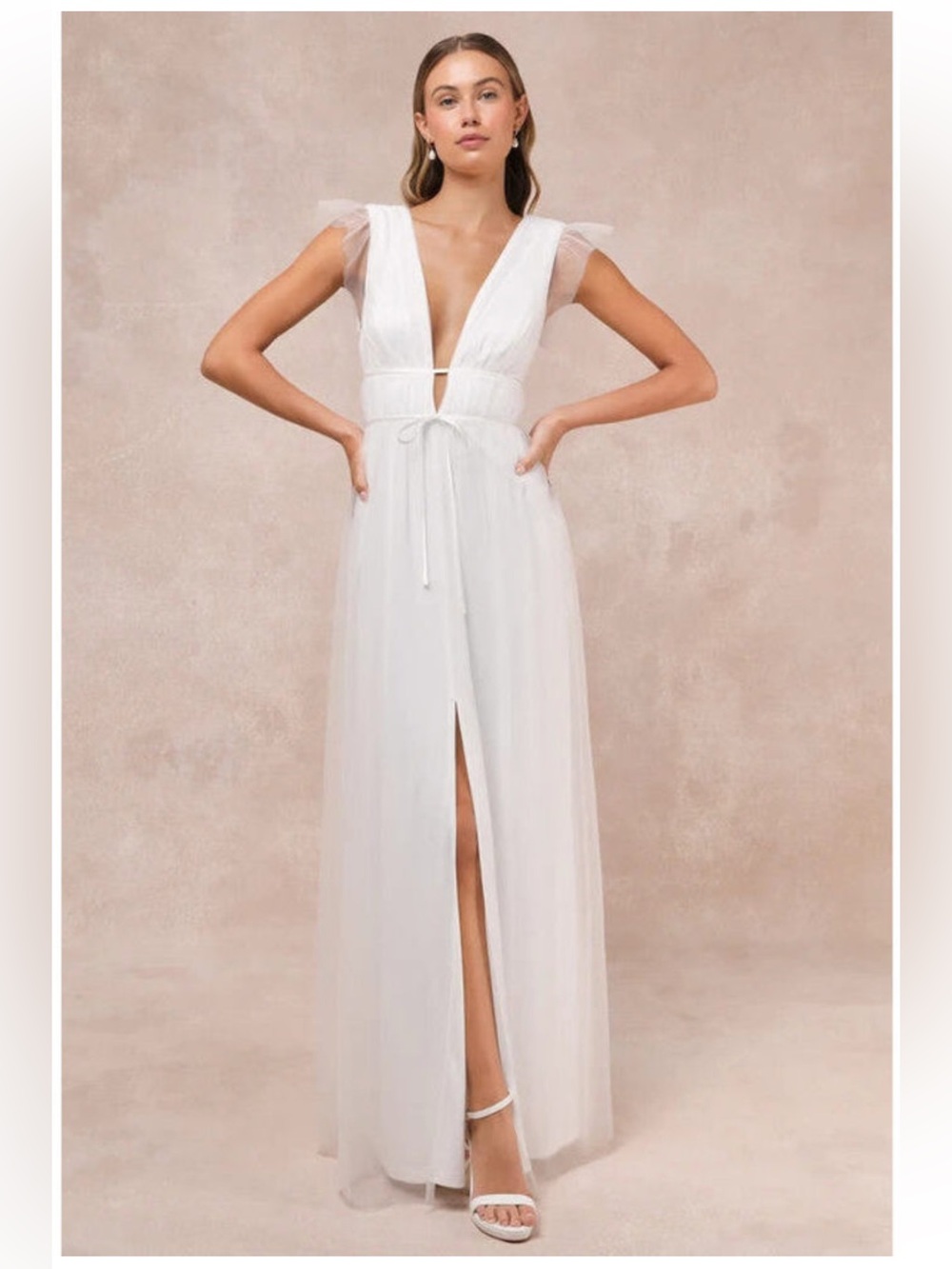 Lulu's “I’m All Yours” White Tulle Ruffled Maxi Dress